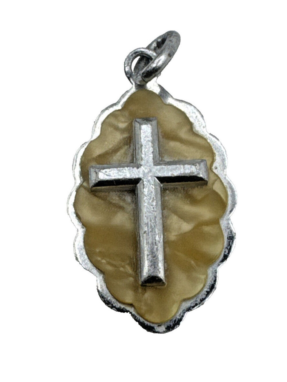 Vintage Germany Pendant Silver Tone Marbled Enamel Background 3/4” Religious